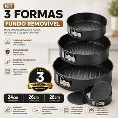 Kit 3 Forma Redonda Prática Fundo Removível Antiaderente Teflon Bolo  Confeitaria  Cozinha Assadeira