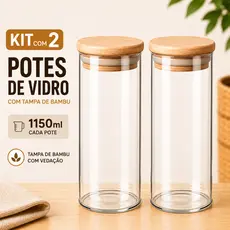 Kit 2 Pote de Vidro Herméticos 1150ml Tampa de Bambu Porta Mantimentos Organizador Cozinha Alimentos