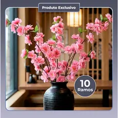 Kit 10 Ramos Flor de Cerejeira Pêssego 65 cm Artificial Premium Decoração Arranjo Oriental Festa