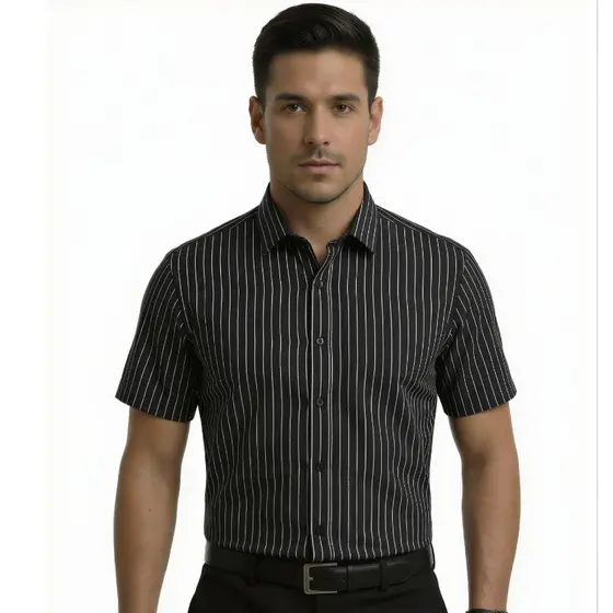 Camisa Social Listrada Manga Curta Confortável Tecido Leve Premium