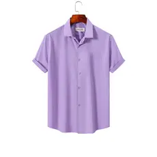 Camisa Masculina Casual Social de Manga Curta Lisa com Bolso em Poliéster Levemente Elástico