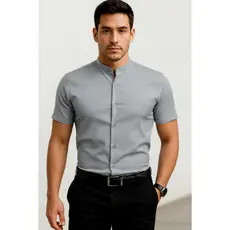 Camisa Masculina de Manga Curta Moderna  Gola Mandarim Tecido com Elasticidade e Corte Slim Fit