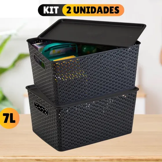 Kit Com 2 Cesto Caixa Organizadora Rattan Com Tampa 7 Litros Preto Multiuso Organizador