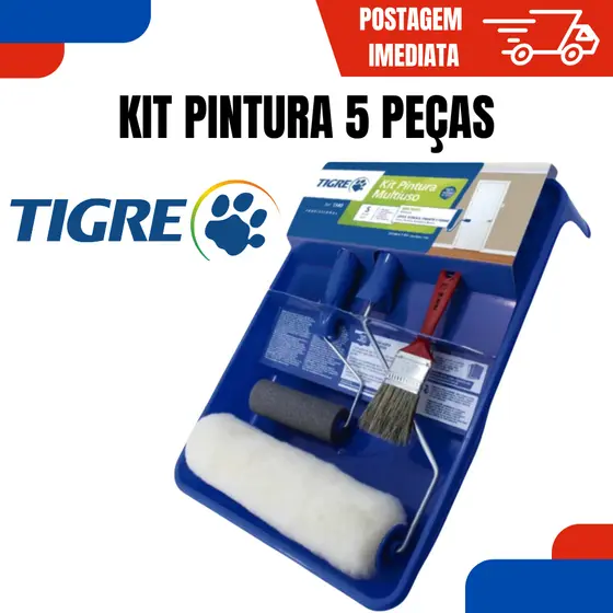 Kit Pintura Completo Original Tigre 5 Peças com Rolo Pincel Bandeja Suporte Parede Multiuso
