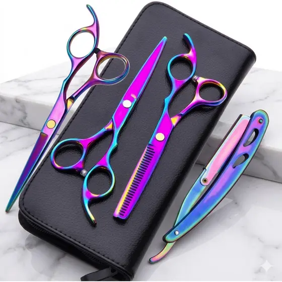 Kit Completo 3 Tesouras Profissionais Coloridas Corte e Desfiadeira Fio Navalha SIMPLUS