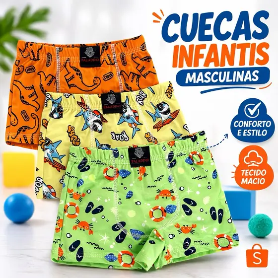 Kit Cueca Infantil Menino 5 ou 10 Peças Boxer Microfibra Leve Confortável Estampas Sortidas Roupa Íntima P ao GG