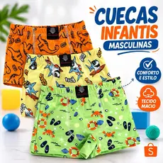 Kit Cueca Infantil Menino 5 ou 10 Peças Boxer Microfibra Leve Confortável Estampas Sortidas Roupa Íntima P ao GG