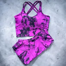 Conjunto Tie Dye Short Top Trançado Bojo Fitness Roupa de Academia Feminino Dança Ciclismo Meia Coxa