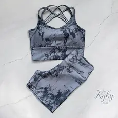 Conjunto Marmorizado Short e Top Bojo Removível Fitness Academia Dança Ciclismo Meia Coxa Tie Die Cr