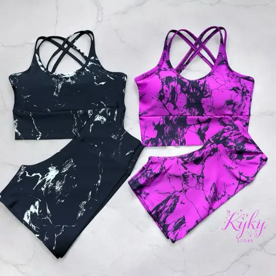 Kit 2 Conjuntos Feminino Short Top Bojo Removível Tie Dye Marmorizado Fitness Academia Ciclismo