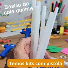 Bastão de cola quente fino 7mm x 30cm transparente, kit com 10/20/50 bastao e kits com pistola e bastão