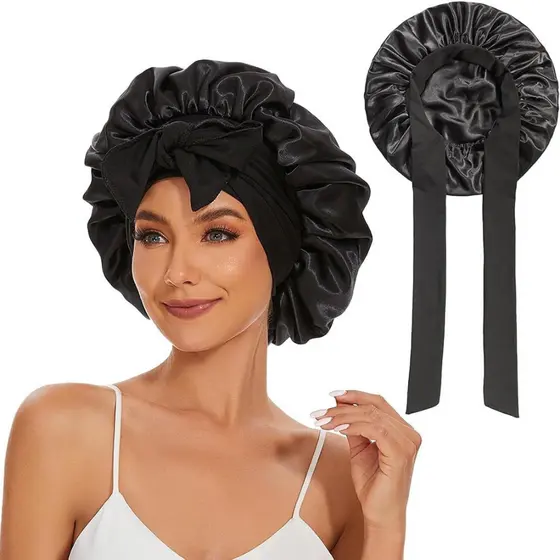 Touca de Cetim De Luxo – Faixa Ajustável com Laço, Anti-Frizz, Antiqueda. Cetim Premium com Elastano