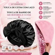 Touca de Cetim com Elastano Premium + Touca de Banho Duplo uso, de Cetim e Microfibra