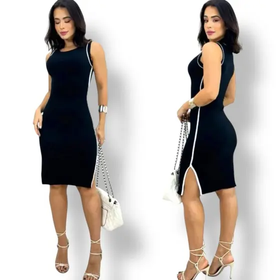 Vestido Midi Canelado Regata Casual Básico Modelador