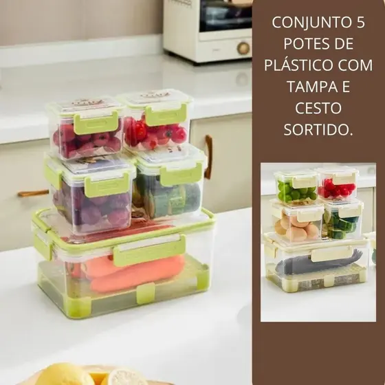 Conjunto KIT 5 Potes de Plástico com Tampa e Cesto Organizador Geladeira Frutas Frios - Sortida