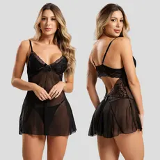 Camisola Feminina em Tule com Renda e Calcinha