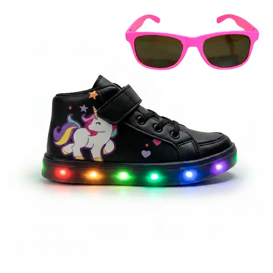 Tênis Feminino Infantil De Led Botinha de Unicórnio Infantil Escolar + Oculos