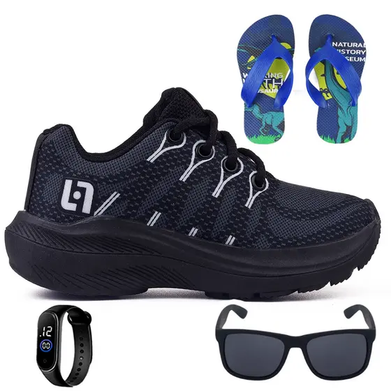 Tenis Infantil Meninos Casual Escolar Preto + Chinelo + Oculos + Relogio