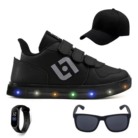 Kit Tenis de LED Infantil Casual Calce Facil Light + Bone + Oculos E Relogio