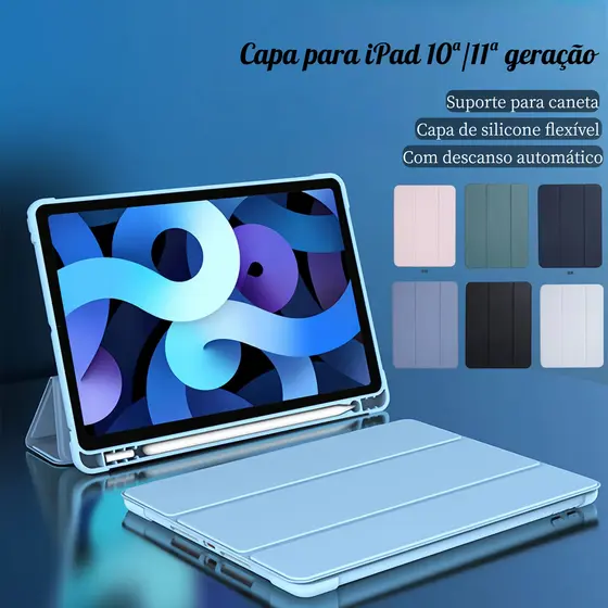 Capa Compatível com iPad 10 e 11 geração com suporte para caneta, descanso automático e Suporte Tri-Fold Dobrável