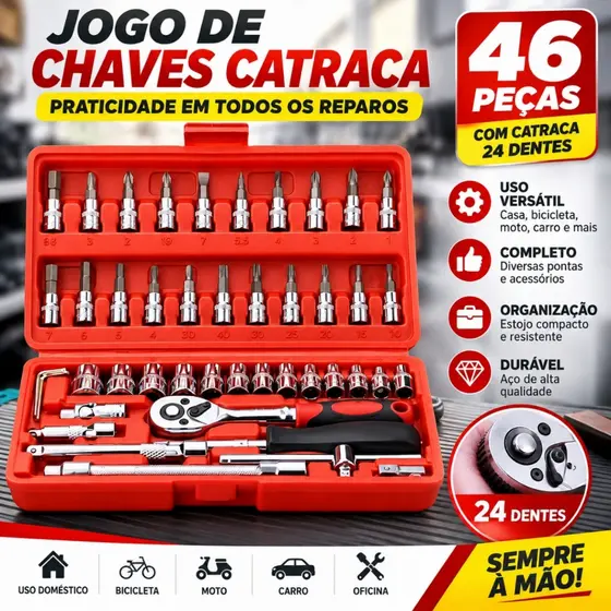 Jogo Soquetes 46 Peças Catraca Reversível Ferramentas para Carro e Casa c/ Maleta