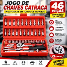 Jogo Soquetes 46 Peças Catraca Reversível Ferramentas para Carro e Casa c/ Maleta