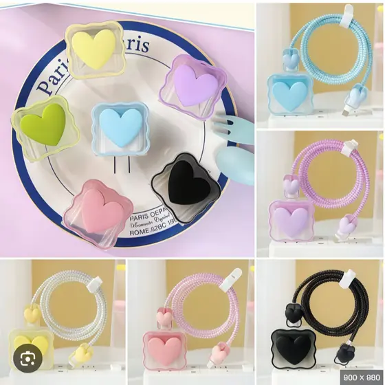 Protetor de Cabo para iPhone em Formato de Coração 3D Kawaii Anti Quebra para Carregador USB e Cabo de Dados