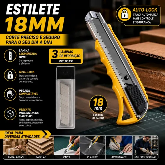 Estilete 18mm Profissional Cutter Manual com Auto-Lock + 3 Lâminas de Reposição