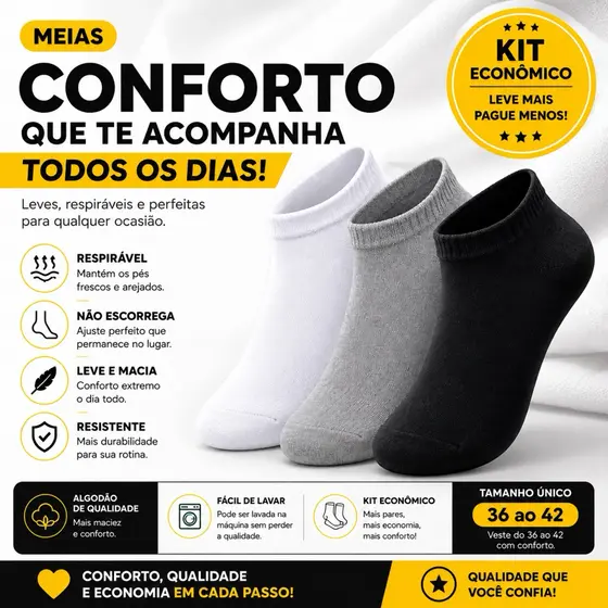 Meias Masculinas Cano Curto Soquetes Kit 3 ou 6 Pares Preto Branco Cinza Misto