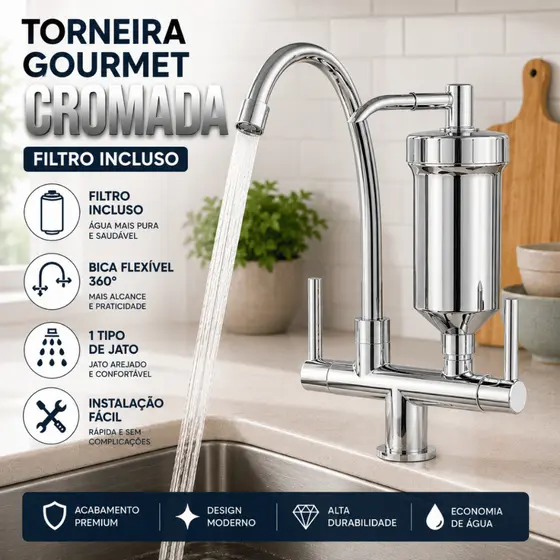 Torneira Gourmet Cromada Com Filtro Bica Flexível Móvel 1 Jato Bancada Cozinha Refil Incluso