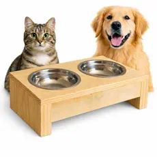Comedouro Pet Elevado Duplo em Madeira com Cubas Removíveis – Cães e Gatos