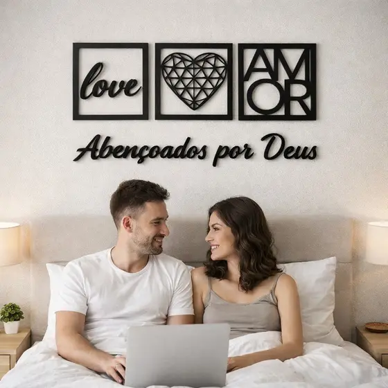 KIT 3 QUADROS + FRASE DECORATIVOS MDF PRETO ABENÇOADO POR DEUS, DECORACAO SALA, QUARTO, ESCRITORIO