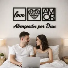 KIT 3 QUADROS + FRASE DECORATIVOS MDF PRETO ABENÇOADO POR DEUS, DECORACAO SALA, QUARTO, ESCRITORIO