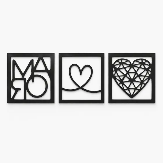 Kit Decorativo Mãe Coração Geométrico MDF Preto 3mm Para Parede Sala Quarto Presente