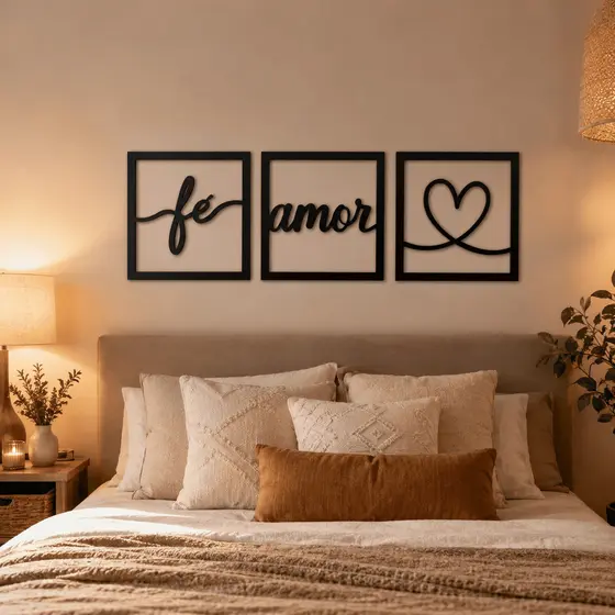 Kit 3 Quadros Fé Amor MDF Preto 3mm Com Coração Decorativo Para Quarto Sala Escritório Parede