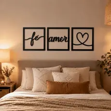 Kit 3 Quadros Fé Amor MDF Preto 3mm Com Coração Decorativo Para Quarto Sala Escritório Parede