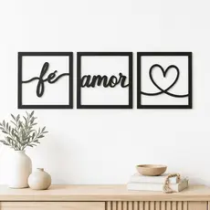 Kit Decorativo Fé Amor Coração MDF Preto 3mm Para Sala Quarto Cabeceira Hall Parede Moderna