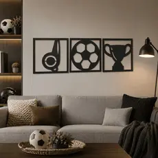 Kit 3 Quadros Futebol MDF Preto 3mm Apito Bola Troféu Para Quarto Sala Escritório Gamer