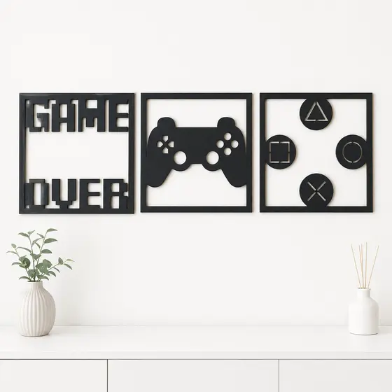 Kit Quadros Gamer Decorativos 3 Peças MDF Preto 3mm Para Quarto Gamer Sala Parede Controle e Símbolos