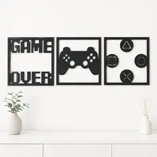 Kit Quadros Gamer Decorativos 3 Peças MDF Preto 3mm Para Quarto Gamer Sala Parede Controle e Símbolos