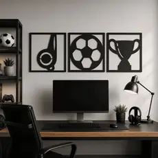 Quadros Decorativos Esportivos Futebol MDF Preto 3mm Kit 3 Peças Apito Bola Troféu Parede