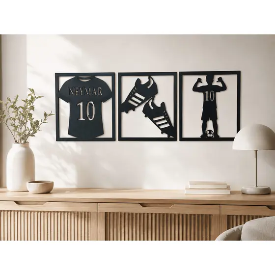 Kit Quadros Futebol Chuteira Camisa 10 Jogador MDF Preto 3mm Decoração Esportiva Para Parede