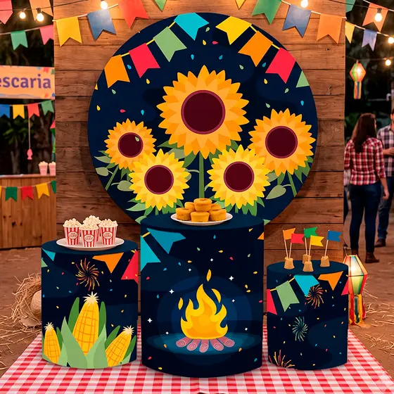 Kit Capa Painel Sublimado Arraiá + 3 Capas Cilindro Temas Festa Junina Tecido Girasol