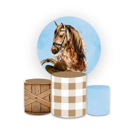 Kit Capa Painel sublimado + Trio de Capas de cilindros vest facil Tema Cavalo boiadeira  Aniversario Festa