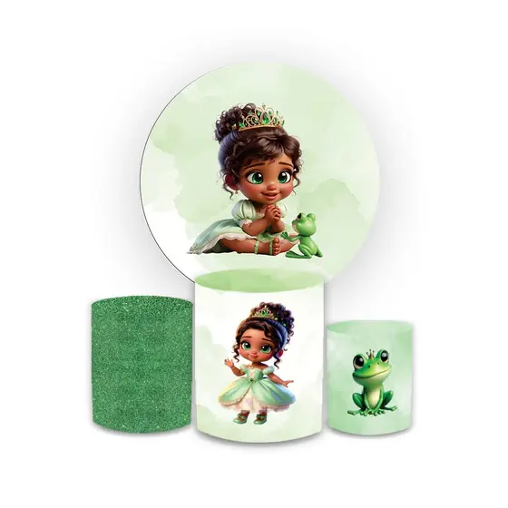 Kit Painel redondo sublimado + trio de cilindros vest facil tema tian baby festa de aniversario menina