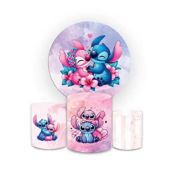 KIT CAPAS PAINEL SUBLIMADO TEMA STITI CASAL + TRIO DE CAPAS DE CILINDROS VEST FACIL ANIVERSARIO