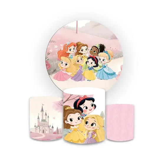 Kit Painel sublimado vest facil + trio de cilindros tema Princesas baby menina festa aniversario