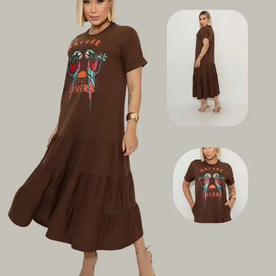 Vestido Feminino Longo 100% Algodão Com Estampa Casual Solto