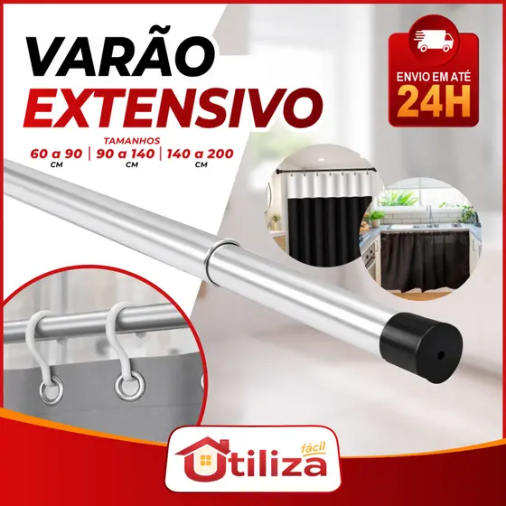 Varão Extensível Ajustável 60 a 90cm, 90 a 1,40m e 1,20 a 2m - Cortina Box e Cabides