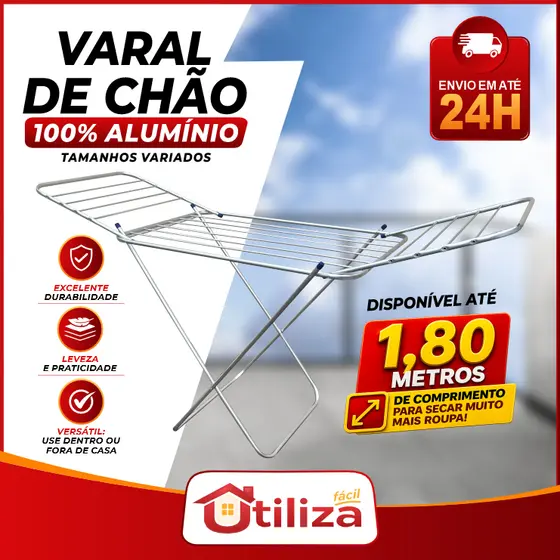 Varal de Chão p/roupas 100% Alumínio Dobrável Reforçado Grande com Abas Antiferrugem